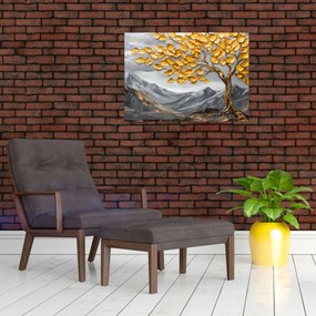 Tablou pe sticlă – Arbore cu frunze aurii (70x50 cm)