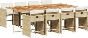 vidaXL Set de masă pentru grădină, 9 piese, cu perne, bej, poliratan