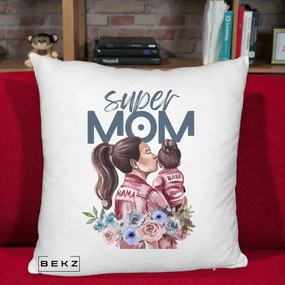 Cadou pentru Mama - Perna Personalizata Super Mom Mama cu Bebelusul, 40x40 cm, Alb Pufos, Husa Detasabila, Perna Inclusa, BEKZ®