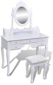 vidaXL Masă de toaletă cu oglindă și taburet, 7 sertare, alb