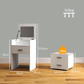 HOMCOM Masă de Machiaj Alb Masă de Toaletă cu Oglindă Rabatabilă, Taburet Detașabil și Lavabil, 50x41.5x75 cm | Aosom Romania