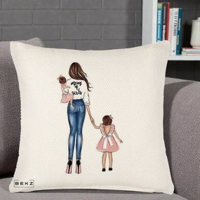 Cadou pentru Mama - Perna Personalizata Mom of Girls Mama cu Fetele, 40x40 cm, Crem Reliefat, Husa Detasabila, Perna Inclusa, BEKZ®