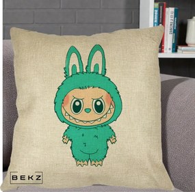 Perna Personalizata Labubu Turcoaz, 40x40 cm, Crem, Husa Detasabila, Perna Inclusa, BEKZ®