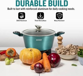 La mâna a doua: Set oale si tigai Herzberg HG-METBL15, 15 piese, Aluminiu 3003, Acoperire marmura, Capace din sticla, Inductie, Verde albastru