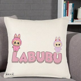 Perna Personalizata Labubu Duo Roz-Lila cu Text, 40x40 cm, Crem Reliefat, Husa Detasabila, Perna Inclusa, BEKZ®