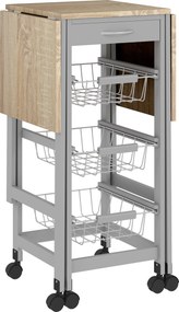 HOMCOM Cărucior de Bucătărie din Lemn și Metal cu 3 Coșuri, Sertar și Clapete, 37x37x77.5 cm, Gri | Aosom Romania