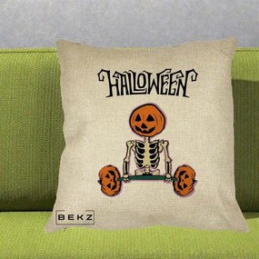 Perna Decorativa Halloween Schelet cu Cap de Dovleac Powerlifting, 40x40 cm, Crem, Husa Detasabila, Perna Inclusa, BEKZ®