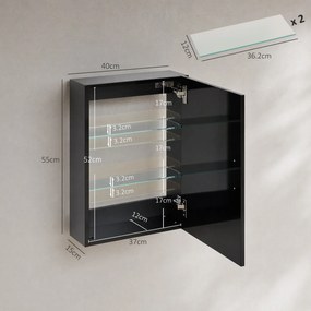 HOMCOM Dulap de baie de perete din lemn cu 3 rafturi reglabile din sticlă pe 3 niveluri, 40x15x55 cm, negru | Aosom Romania