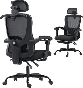 HOMCOM Scaun de birou ergonomic, fotoliu din plasă cu tetieră reglabilă, suport lombar, 64x64x124cm, negru | Aosom Romania