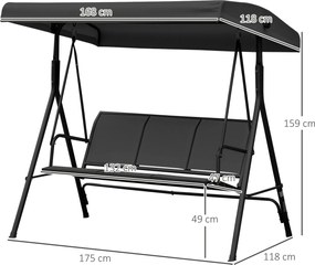 Outsunny Leagăn de Grădină pentru 3 Persoane cu Acoperiș, Șezut Respirabil și Cadru din Oțel, Negru | Aosom Romania