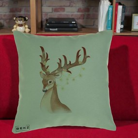 Perna Decorativa Ren cu Luminite de Craciun, 40x40 cm, Verde, Husa Detasabila, Perna Inclusa, BEKZ®