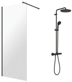 Pachet paravan dus Walk-In Omnires Marina negru 90x200 cm si coloana de dus Grohe Vitalio Start negru