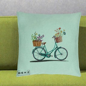 Perna Decorativa Bicicleta Florala Turcoaz Acuarela, 40x40 cm, Verde Menta, Husa Detasabila, Perna Inclusa, BEKZ®