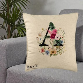 Cadou Personalizat - Perna Personalizata Monogram Litera A cu Flori Acuarela, 40x40 cm, Bej, Husa Detasabila, Perna Inclusa, BEKZ®