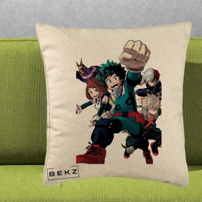Perna Personalizata My Hero Academia Izuku Deku si Echipa, 40x40 cm, Bej, Husa Detasabila, Perna Inclusa, BEKZ®