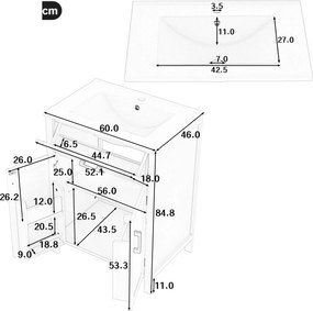Dulap de baie independent cu chiuvetă, rafturi cu uși duble, sertare practice, rafturi ajustabile, 60x46x84,8 cm, Alb