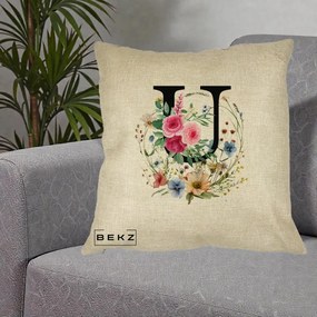 Cadou Personalizat - Perna Personalizata Monogram Litera U cu Flori Acuarela, 40x40 cm, Crem, Husa Detasabila, Perna Inclusa, BEKZ®