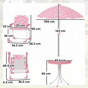 AIYAPLAY Masă de Picnic pentru Copii, Set Masă și Scaune cu 2 Scaune Pliabile și Umbrelă Detasabilă, Temă Junglă, Mobilier de Exterior pentru Grădină, Patio, Roz | Aosom Romania