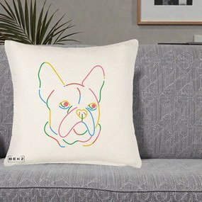 Perna Decorativa Bulldog Francez Line Art Curcubeu, 40x40 cm, Crem Reliefat, Husa Detasabila, Perna Inclusa, BEKZ®