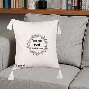 Cadou pentru Invatatoare - Perna Personalizata Cea mai Buna Invatatore cu Coronita Florala Colorata, 40x40 cm, Bej cu Franjuri, Husa Detasabila, Perna Inclusa, BEKZ®