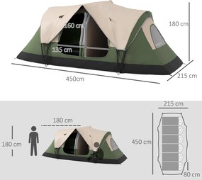 Outsunny Cort de Camping pentru 6-8 Persoane cu 2 Camere Separate și Uși cu Fermoar, 450x215x180 cm, Verde | Aosom Romania
