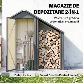 Outsunny Șopron Exterior pentru Lemne cu Dulap pentru Unelte, 0,77 m², 150x66x162 cm, Din Oțel Galvanizat, Gri Închis | Aosom Romania