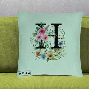 Cadou Personalizat - Perna Personalizata Monogram Litera H cu Flori Acuarela, 40x40 cm, Verde Menta, Husa Detasabila, Perna Inclusa, BEKZ®