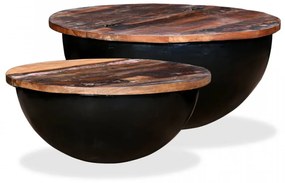 Set măsuțe cafea, 2 piese, negru, lemn masiv reciclat formă bol