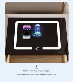 Noptiera inteligenta multifunctionala, iluminare LED tactil, blocare amprentă, incarcare wireless si USB, difuzor Bluetooth, catifea, Bej