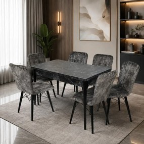 Set masa extensibila cu 6 scaune tapitate Homs cristal  negru-gri 170 x 80 cm