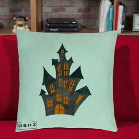 Perna Decorativa Halloween Casa Bantuita Minimalista, 40x40 cm, Verde Menta, Husa Detasabila, Perna Inclusa, BEKZ®