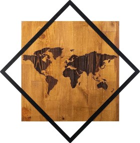 Decoratiune perete WORLD 2, stejar/negru, lemn/metal, 54x54 cm