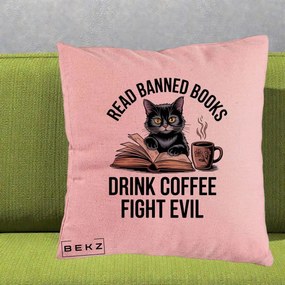 Perna Personalizata Read Banned Books Pisica, 40x40 cm, Roz, Husa Detasabila, Perna Inclusa, BEKZ®