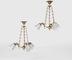 Candelabru 3 brate din alama cu abajur din sticla Putti