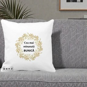 Cadou pentru Bunica - Perna Personalizata Cea Mai Minunata Bunica Coronita Frunze Acuarela, 40x40 cm, Alba Mata, Husa Detasabila, Perna Inclusa, BEKZ®