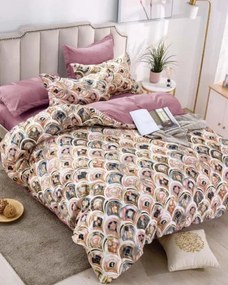 Lenjerie de pat cu 2 fete, tesatura tip finet, pat 2 persoane roz inchis, 6 piese, FNJ-211