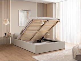 Pat matrimonial bej tapițat cu spațiu de depozitare cu somieră 200x200 cm Cille – Ropez