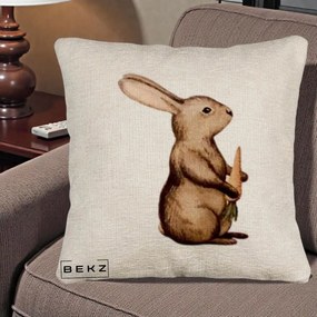 Perna Decorativa Iepuras Acuarela cu Morcov, 40x40 cm, Bej Canapea, Husa Detasabila, Perna Inclusa, BEKZ®