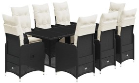 3277142 vidaXL Set bistro de grădină, 9 piese, cu perne, negru, poliratan