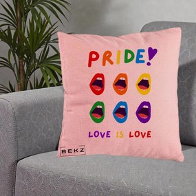 Perna Personalizata Pride Love is Love Curcubeu, 40x40 cm, Roz, Husa Detasabila, Perna Inclusa, BEKZ®