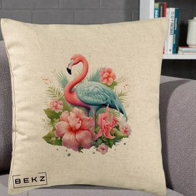 Perna Decorativa Flamingo cu Hibiscus Tropical, 40x40 cm, Bej, Husa Detasabila, Perna Inclusa, BEKZ®