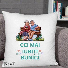 Cadou pentru Bunici - Perna Personalizata Cei Mai Iubiti Bunici Cuplu pe Banca Ilustratie, 40x40 cm, Alb Pufos, Husa Detasabila, Perna Inclusa, BEKZ®