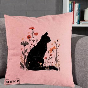 Perna Decorativa Pisica Neagra Profil Flori Portocalii, 40x40 cm, Roz, Husa Detasabila, Perna Inclusa, BEKZ®