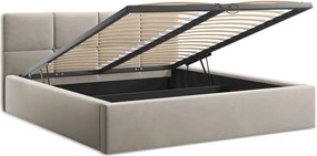 Pat matrimonial taupe tapițat din catifea cu spațiu de depozitare cu somieră 140x200 cm Hiko – Makamii