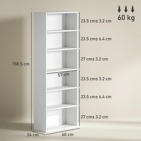 HOMCOM Bibliotecă raft de depozitare 6 niveluri cu polițe reglabile pentru living, dormitor, birou, 60x24x158,5cm, alb | Aosom Romania