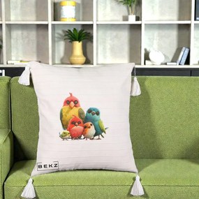 Perna Decorativa Familie de Pasarele Colorate, 40x40 cm, Bej cu Franjuri, Husa Detasabila, Perna Inclusa, BEKZ®