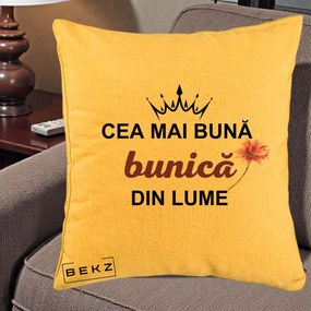 Cadou pentru Bunica - Perna Personalizata Cea Mai Buna Bunica Din Lume Coroana Mov Floare Roz, 40x40 cm, Galben, Husa Detasabila, Perna Inclusa, BEKZ®