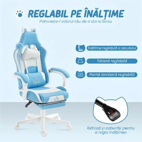 HOMCOM Scaun de gaming reclinabil cu suport pentru picioare și perne, 65x62x124 cm, alb și albastru | Aosom Romania