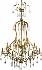 Candelabru din metal, auriu, cu 16 brațe tip lumânare și cristale din sticlă transparentă, 160 x 120 cm, „Cambridge”