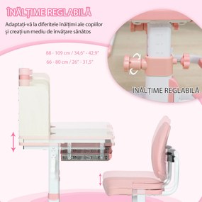 HOMCOM Set de Birou pentru Copii cu Înălțime Reglabilă, Masă de Studiu cu Raft și Spațiu de Depozitare, 80x52x88-109 cm, Roz | Aosom Romania
